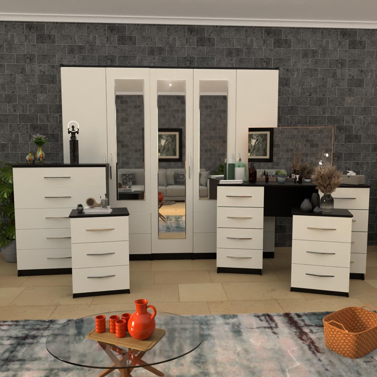 Front White Side Black 5 Door Wardrobe Set With 3 Mirrors and Chest Drawers and Bedsides