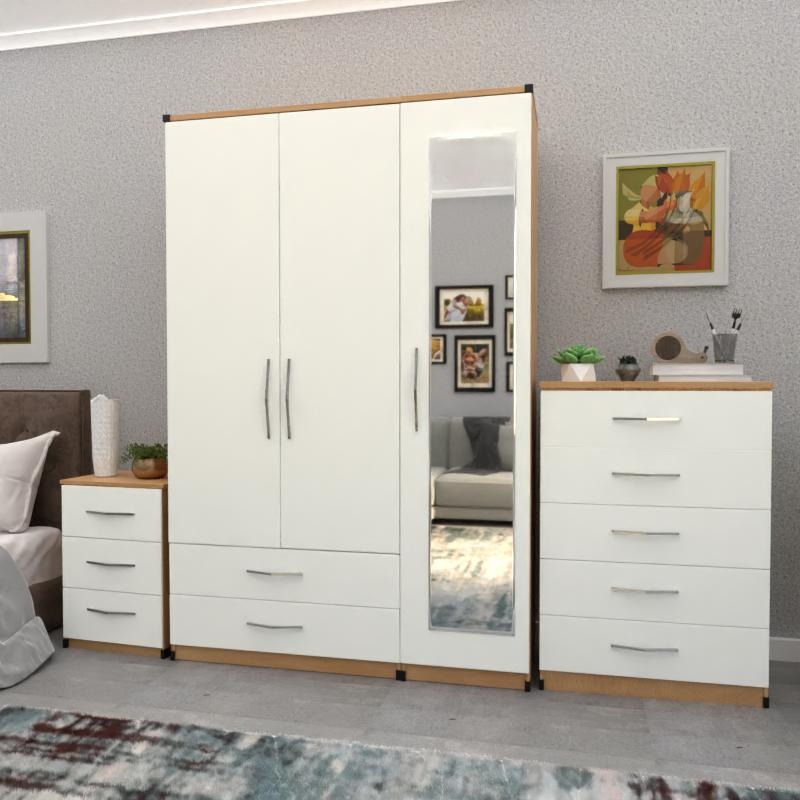 Front White Side Oak 3 Door Wardrobe Set With 1 Mirror and 2 Bottom Drawers