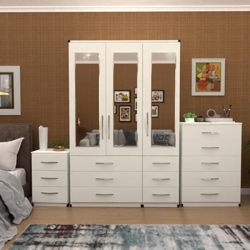 White 3 Door Wardrobe Set With 3 Mirrors and 6 Bottom Drawers