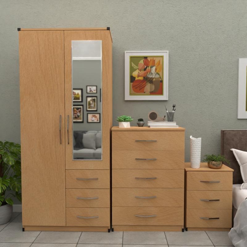 Beech 2 Door Wardrobe Set With 1 Mirror and 3 Bottom Drawers