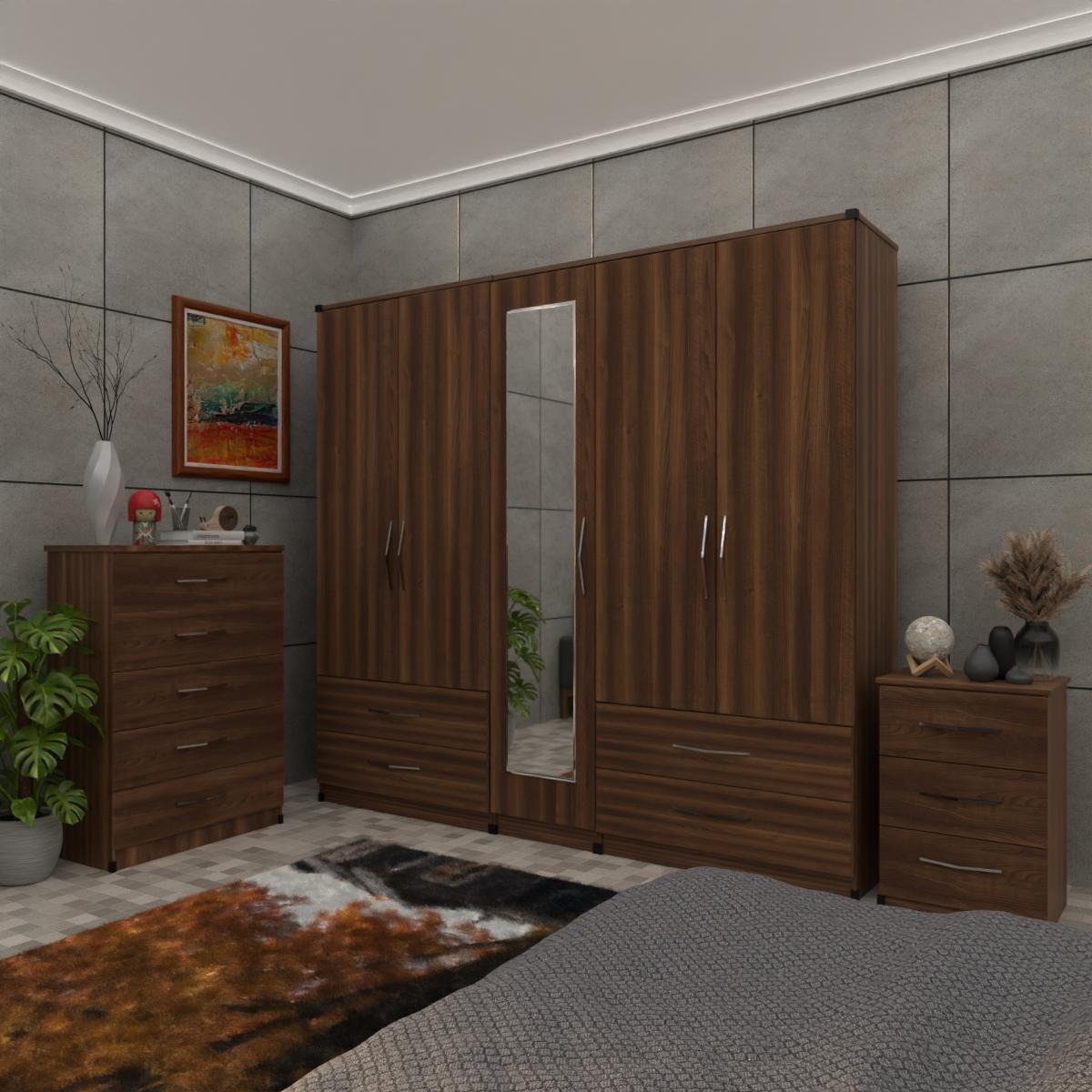 Walnut 5 Door Wardrobe Set With 1 Mirror and 4 Bottom Drawers
