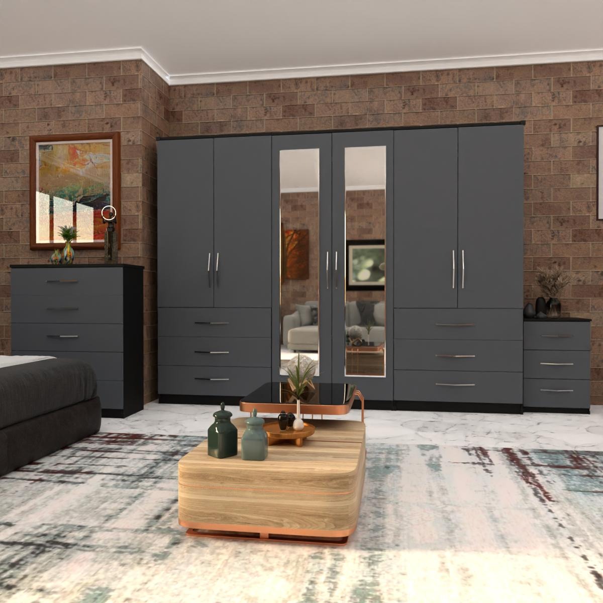 Front Gray Side Black 6 Door Wardrobe Set With 2 Mirrors and 6 Bottom Drawers