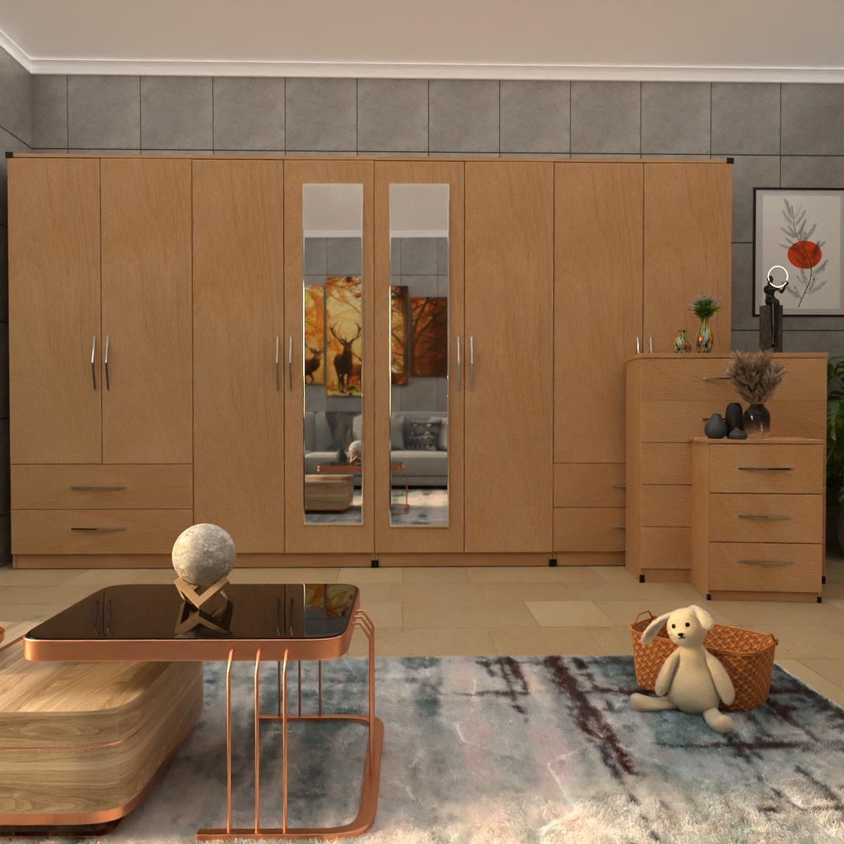 Beech 8 Door Wardrobe Set With 2 Mirrors and 4 Bottom Drawers