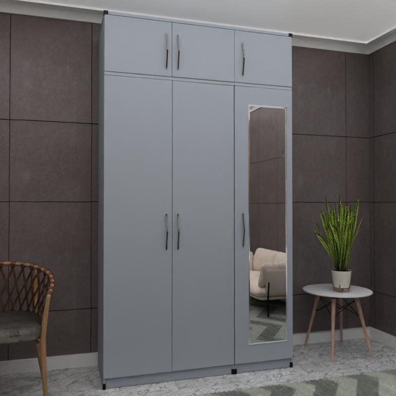 Gray 3 Door Wardrobe With 1 Mirror and 3 Upper Drawers