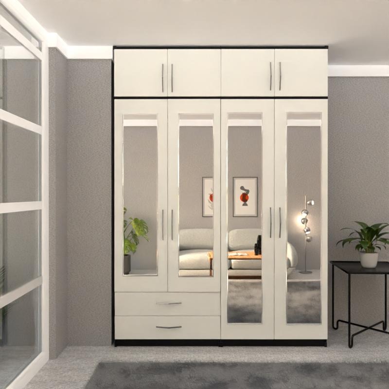 Front White Side Black 4 Door Wardrobe Set With 4 Mirrors and 2 Bottom and 4 Upper Drawers