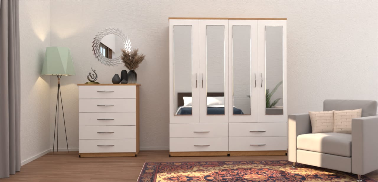 Front White Side Beech 4 Door Wardrobe With 4 Bottom Drawers