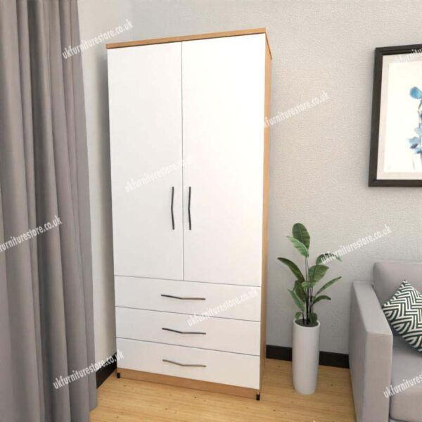 Front White Side Oak 2 Door Wardrobe With 3 Bottom Drawers
