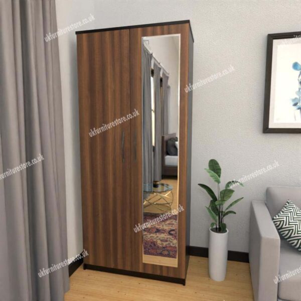 Front Walnut Side Black 2 Door Wardrobe With 1 Mirror