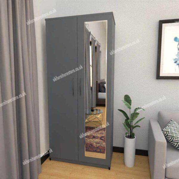 Gray 2 Door Wardrobe With 1 Mirror