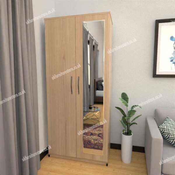 Oak 2 Door Wardrobe With 1 Mirror