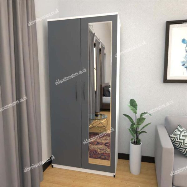 Front Gray Side White 2 Door Wardrobe With 1 Mirror