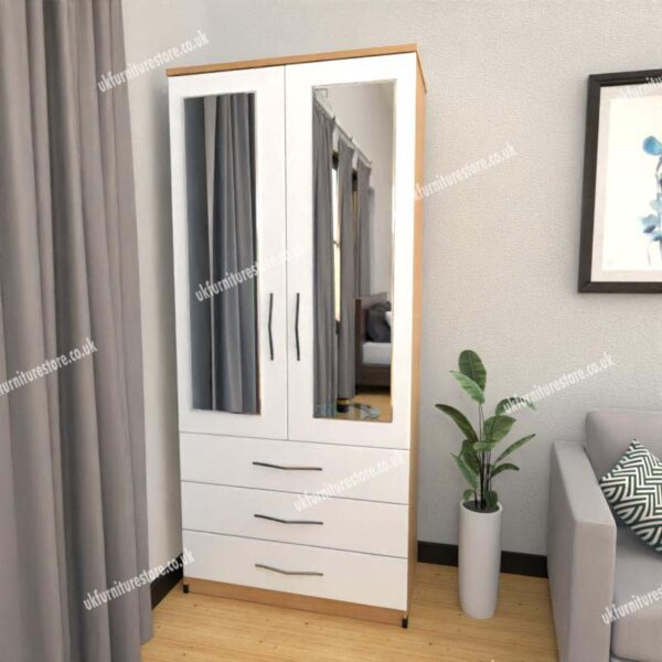 Front White Side Oak 2 Door Wardrobe With 2 Mirrors and 3 Bottom Drawers