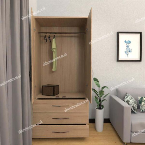 Oak 2 Door Wardrobe With 3 Bottom Drawers
