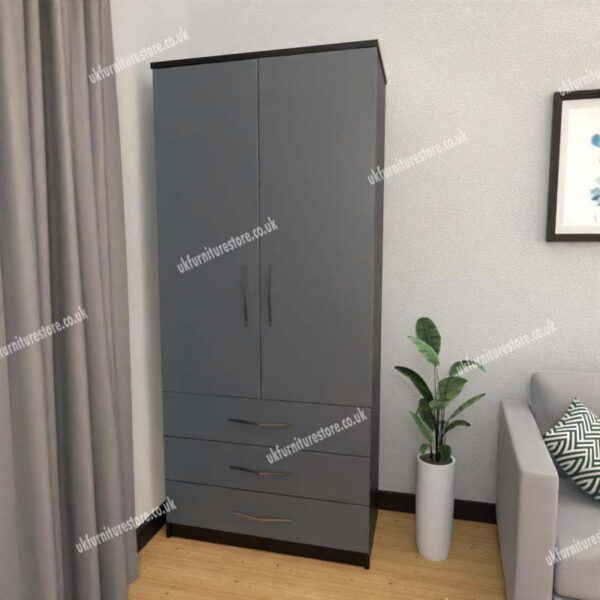Front Gray Side Black 2 Door Wardrobe With 3 Bottom Drawers
