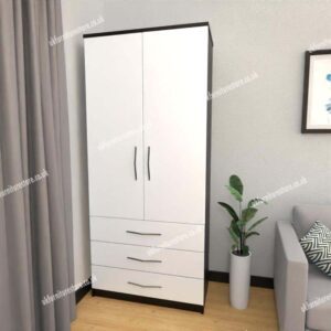 Front White Side Black 2 Door Wardrobe With 3 Bottom Drawers