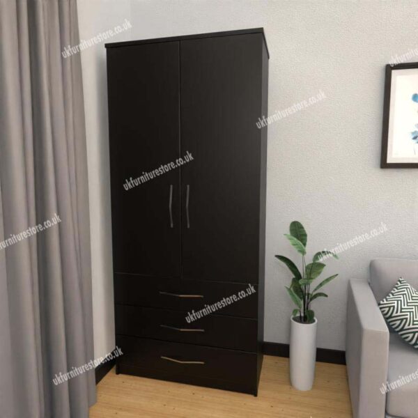 Black 2 Door Wardrobe With 3 Bottom Drawers
