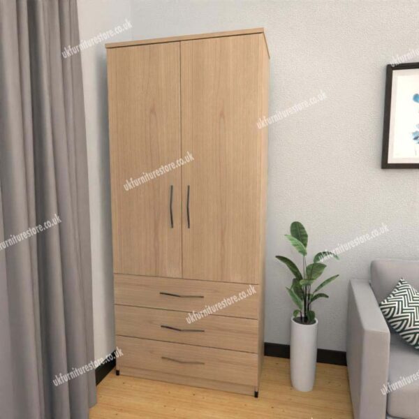 Oak 2 Door Wardrobe With 3 Bottom Drawers