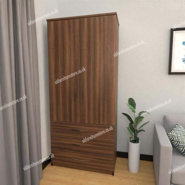 Walnut 2 Door Wardrobe With 3 Bottom Drawers