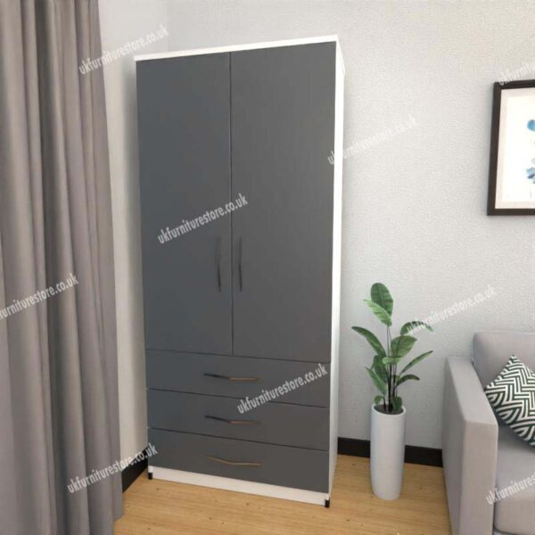 Front Gray Side White 2 Door Wardrobe With 3 Bottom Drawers