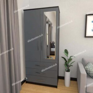 Front Gray Side Black 2 Door Wardrobe With 1 Mirror and 3 Bottom Drawers
