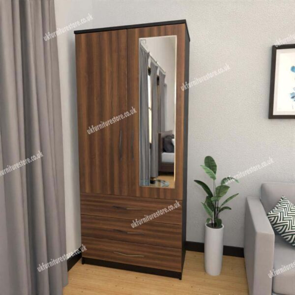 Front Walnut Side Black 2 Door Wardrobe With 1 Mirror and 3 Bottom Drawers