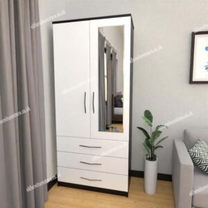 Front White Side Black 2 Door Wardrobe With 1 Mirror and 3 Bottom Drawers