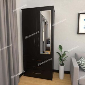 Black 2 Door Wardrobe With 1 Mirror and 3 Bottom Drawers