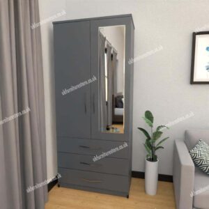 Gray 2 Door Wardrobe With 1 Mirror and 3 Bottom Drawers