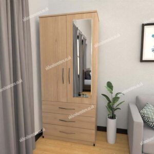 Oak 2 Door Wardrobe With 1 Mirror and 3 Bottom Drawers