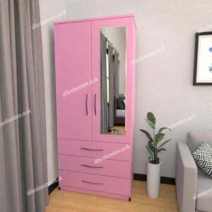 Pink 2 Door Wardrobe With 1 Mirror and 3 Bottom Drawers
