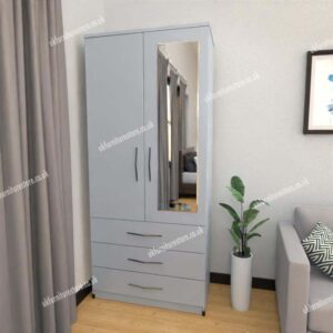 Silver 2 Door Wardrobe With 1 Mirror and 3 Bottom Drawers