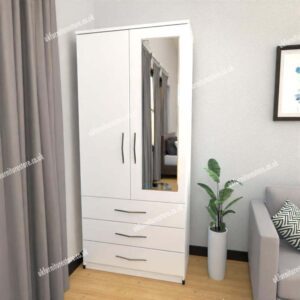 White 2 Door Wardrobe With 1 Mirror and 3 Bottom Drawers