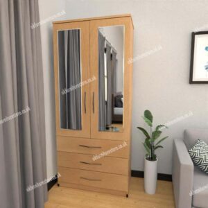 Beech 2 Door Wardrobe With 2 Mirrors and 3 Bottom Drawers
