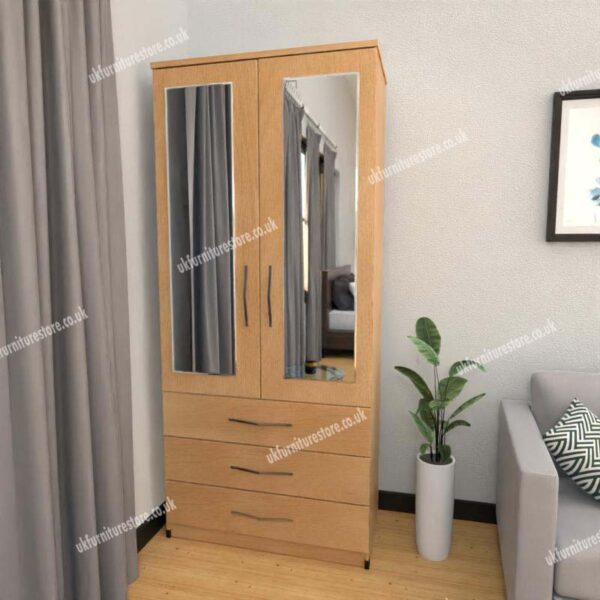 Beech 2 Door Wardrobe With 2 Mirrors and 3 Bottom Drawers