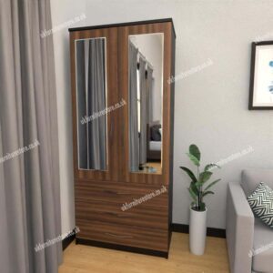 Front Walnut Side Black 2 Door Wardrobe With 2 Mirrors and 3 Bottom Drawers