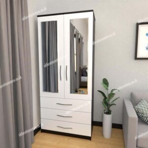 Front White Side Black 2 Door Wardrobe With 2 Mirrors and 3 Bottom Drawers