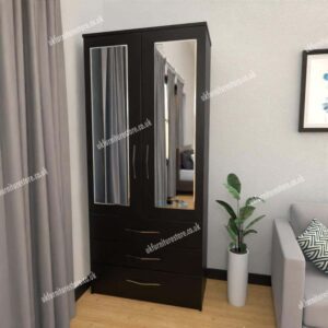 Black 2 Door Wardrobe With 2 Mirrors and 3 Bottom Drawers