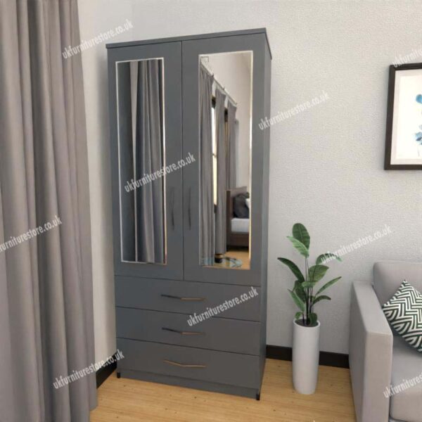 Gray 2 Door Wardrobe With 2 Mirrors and 3 Bottom Drawers