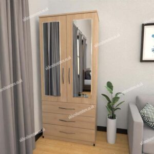 Oak 2 Door Wardrobe With 2 Mirrors and 3 Bottom Drawers