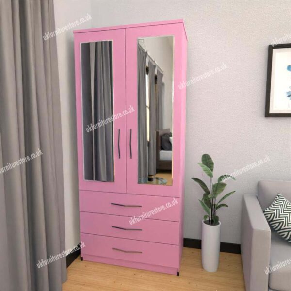Pink 2 Door Wardrobe With 2 Mirrors and 3 Bottom Drawers