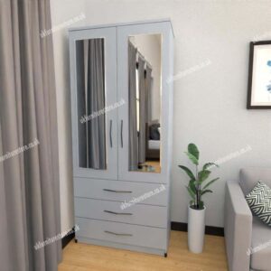 Silver 2 Door Wardrobe With 2 Mirrors and 3 Bottom Drawers