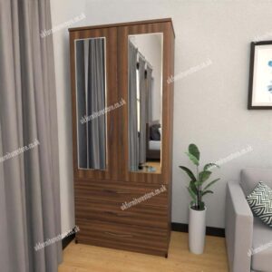 Walnut 2 Door Wardrobe With 2 Mirrors and 3 Bottom Drawers