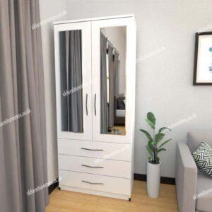 White 2 Door Wardrobe With 2 Mirrors and 3 Bottom Drawers
