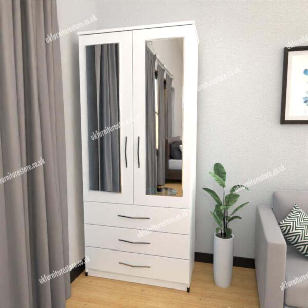 2d3d2m white White 2 Door Wardrobe With 2 Mirrors and 3 Bottom Drawers