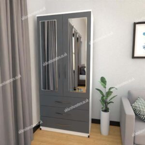 Front Gray Side White 2 Door Wardrobe With 2 Mirrors and 3 Bottom Drawers