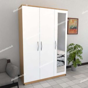 Front White Side Oak 3 Door Wardrobe With 1 Mirror