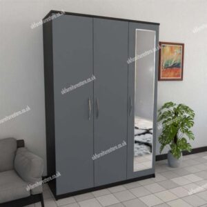 Front Gray Side Black 3 Door Wardrobe With 1 Mirror