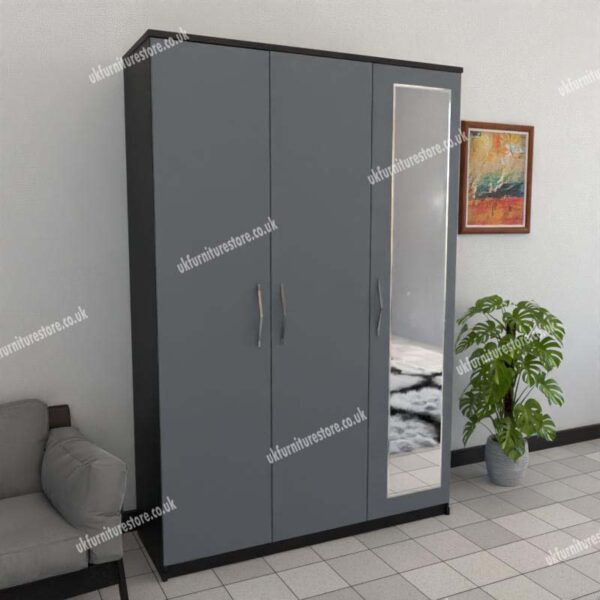 Front Gray Side Black 3 Door Wardrobe With 1 Mirror