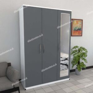 Front Gray Side White 3 Door Wardrobe With 1 Mirror