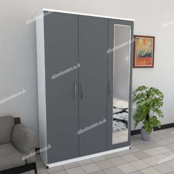 Front Gray Side White 3 Door Wardrobe With 1 Mirror